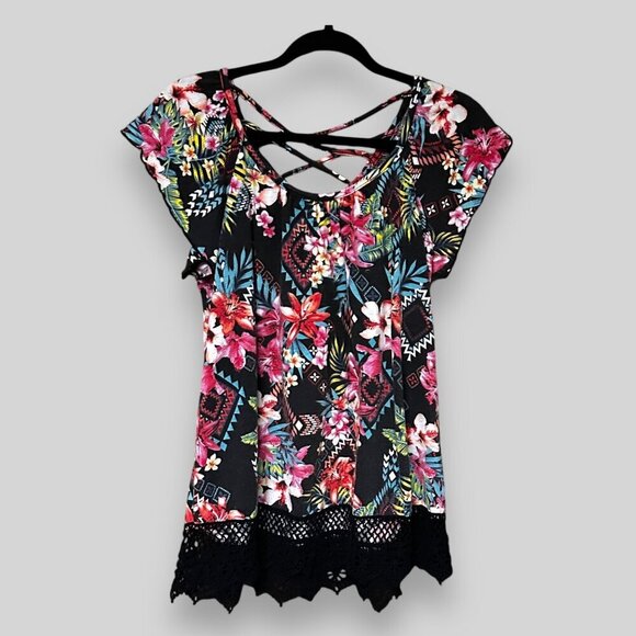 Womens Floral Print Crisscross Back Tunic With Lace Hem Cap Sleeves EUC - Picture 1 of 8